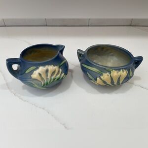 Blue Floral Ceramic Creamer and Sugar Set